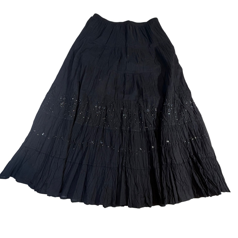 KIK Cotton Skirt – M Black Beaded Sequin Tiered Maxi
